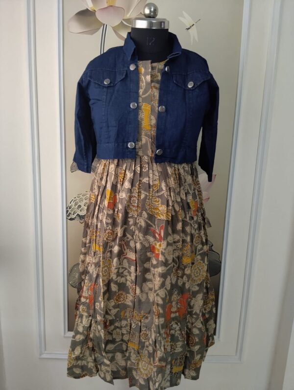 Denim Detachable jacket with cotton Kalmkari frock
