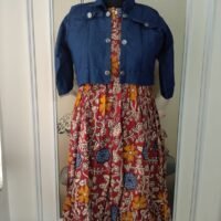 Denim Detachable jacket with cotton Kalmkari frock
