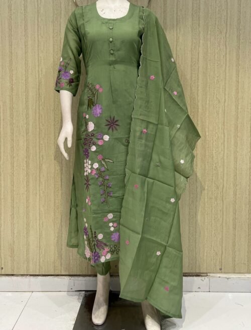 mul chanderi aline 3 piece suit set with lining