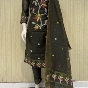 jamdani stitched 3Piece  suit set with crepe lining - XXL(44), olive