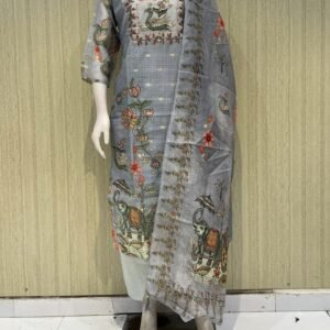 kota 3 piece suit set with cotton lining  with Kalamkari digital print - XXL(44), gray