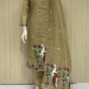jamdani stitched 3 piece  suit set with crepe lining - XXL(44), chiku