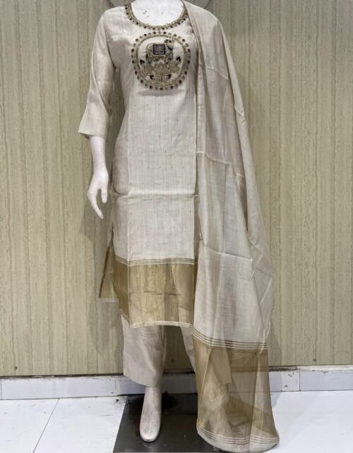 Premium linen silk 3Piece set with zari boarder and dupatta with cotton lining