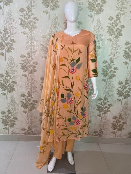 Pure chinon suit set with cotton lining with hand Maggam and hand brush paint